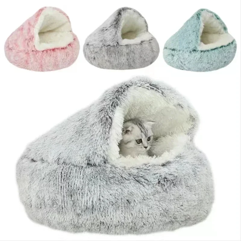 Inverno Lungo Peluche Pet Cat Bed Round Cat Cushion Cat House 2 In 1 Warm Cat Basket Cat Sleep Bag Cat Nest Kennel Per Cani Di Piccola Taglia Cat