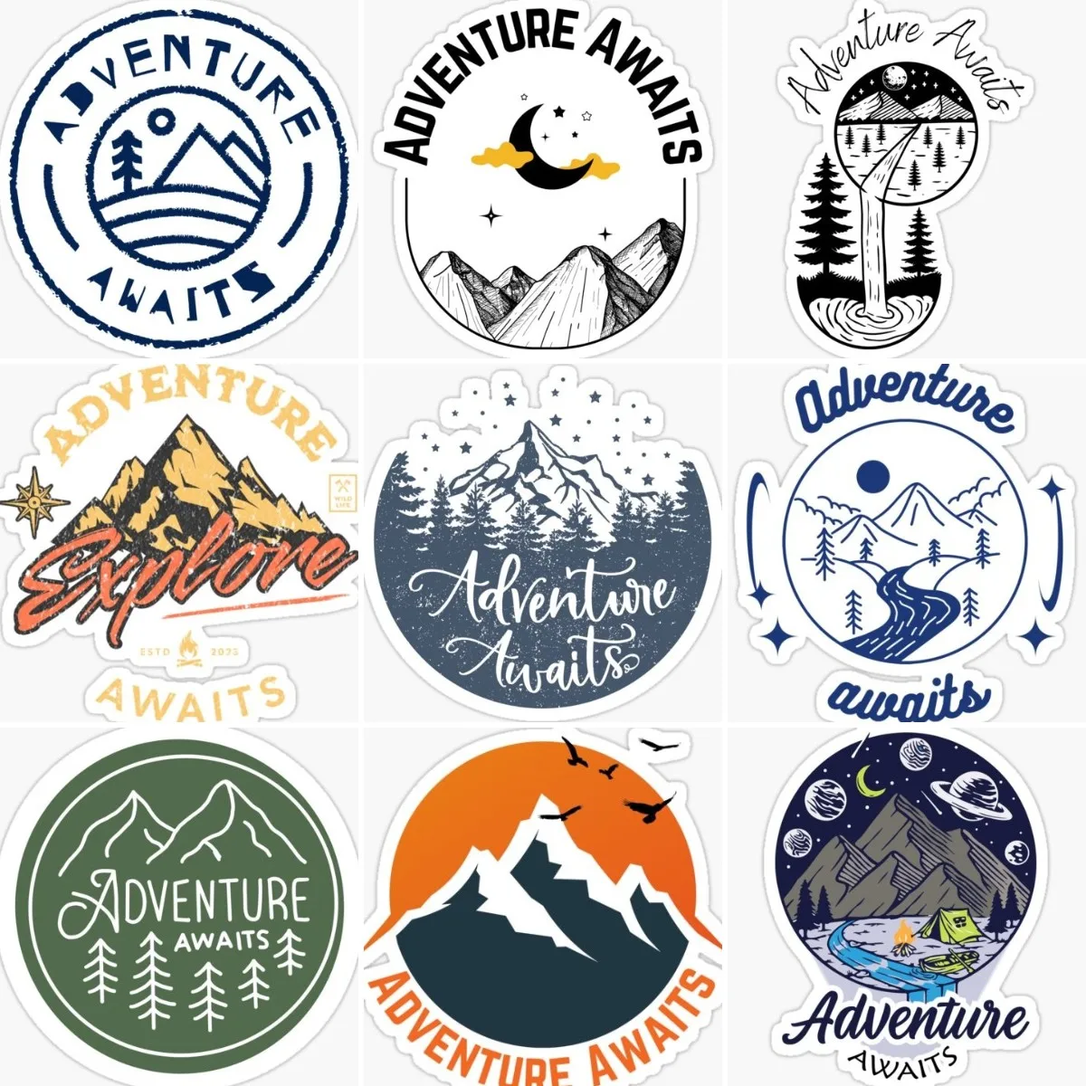Adventure Waits Camping Field Expedition Mountain Stickers Vinile Laptop Car Window Truck Bicycle Wall Moto Camper Decal 2023