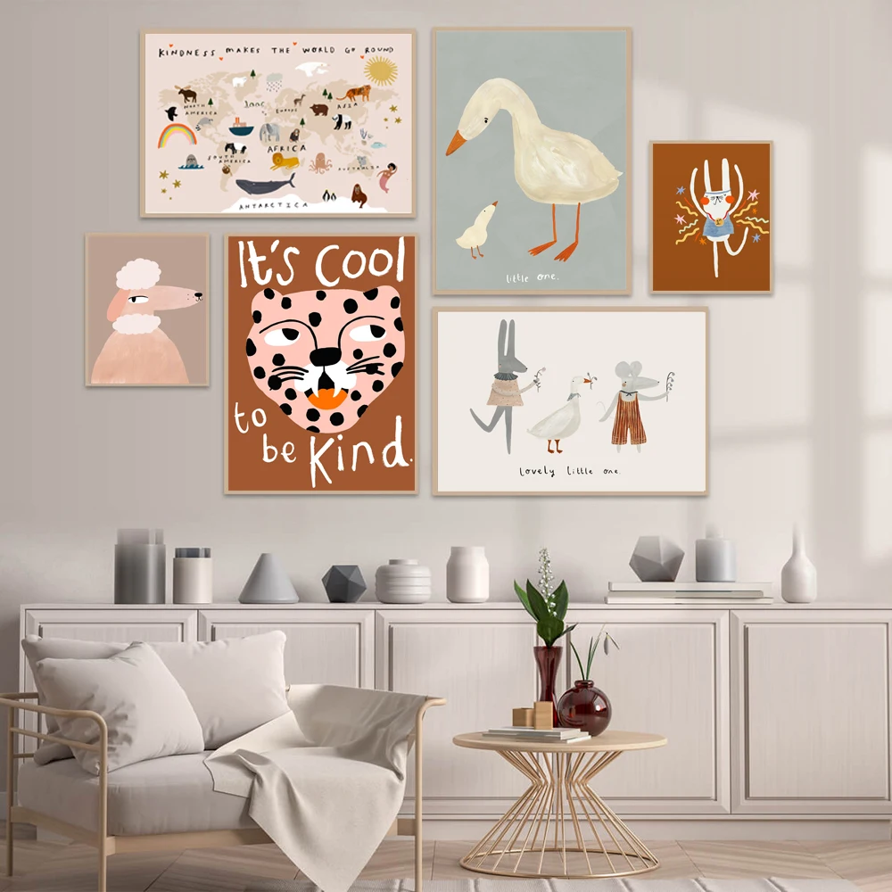 Animal Poster Nordic Nursery Wall Art Picture For Baby Kids Room Decor Cute Duck Rabbit Leopardi Sheep Printed Canvas Painting
