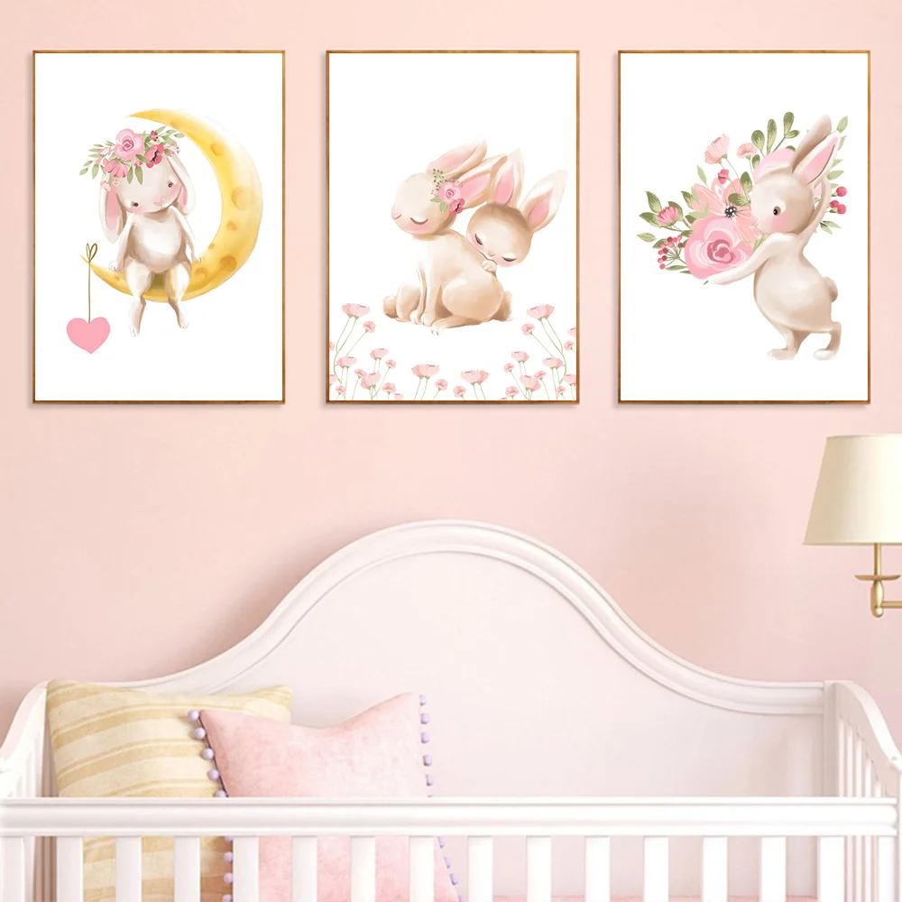 Bunny Poster Animals Nursery Wall Art Print Coniglio Canvas Painting Pink Flowers Poster Wall Picture Girl Baby Room Decoration