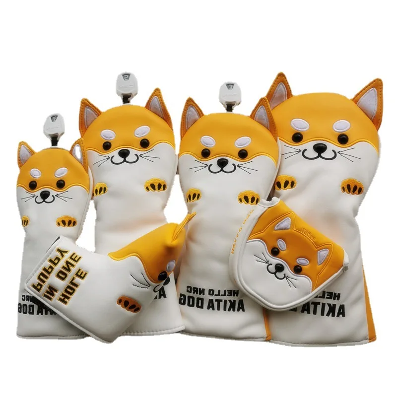 Cartoon Akita Dog Golf Copricapo Driver Fairway Wood Hybrid Ut Blade Mallet Putter Protezione In Pelle Golf Club Case Set 460Cc