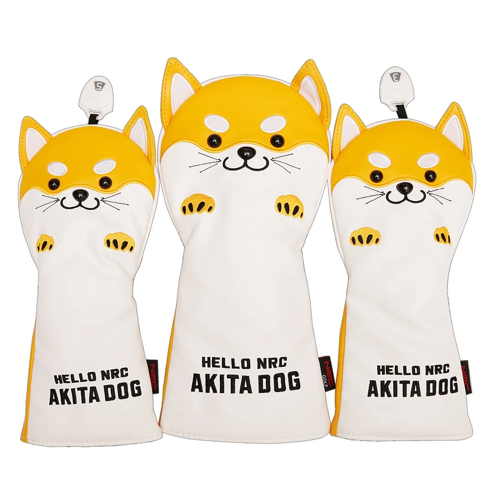 Copricapo Da Golf Cute Akita Golf Club Head Cover Per Driver Fairway Hybrid Putter Pu Leather Protector Coperture In Legno