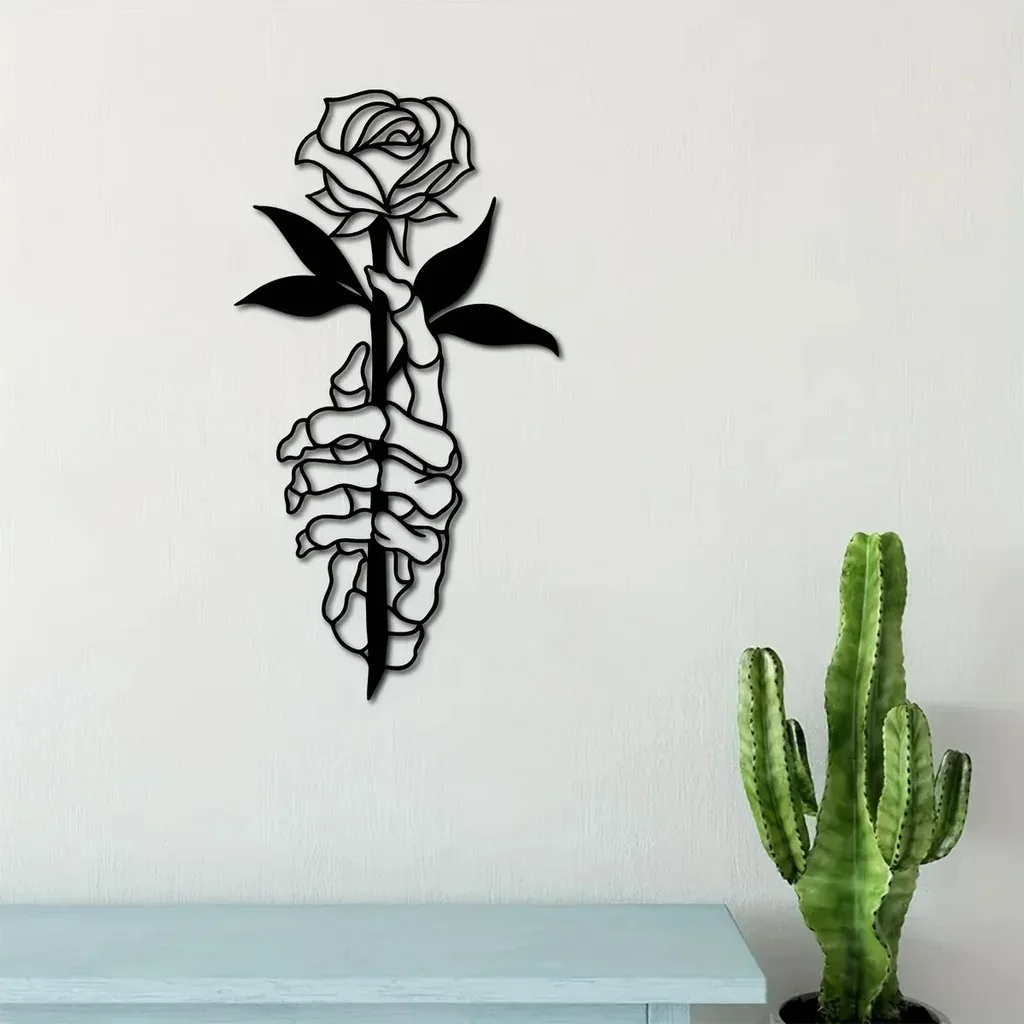 Iron Metal Deer Skull Hands Holding Flowers Art Home Decor, Skull Hands Metal Home Decor, Metal Skull Hands Holding Flowers Sign