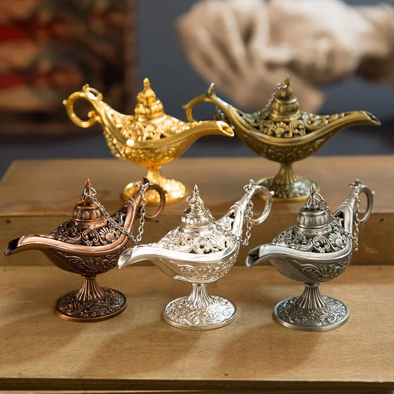 12Cm(4.7 ")Classic Rare Hollow Legend Aladdin Magic Genie Lamps Bruciatori Di Incenso Retro Wishing Oil Lamp Home Decor Gift