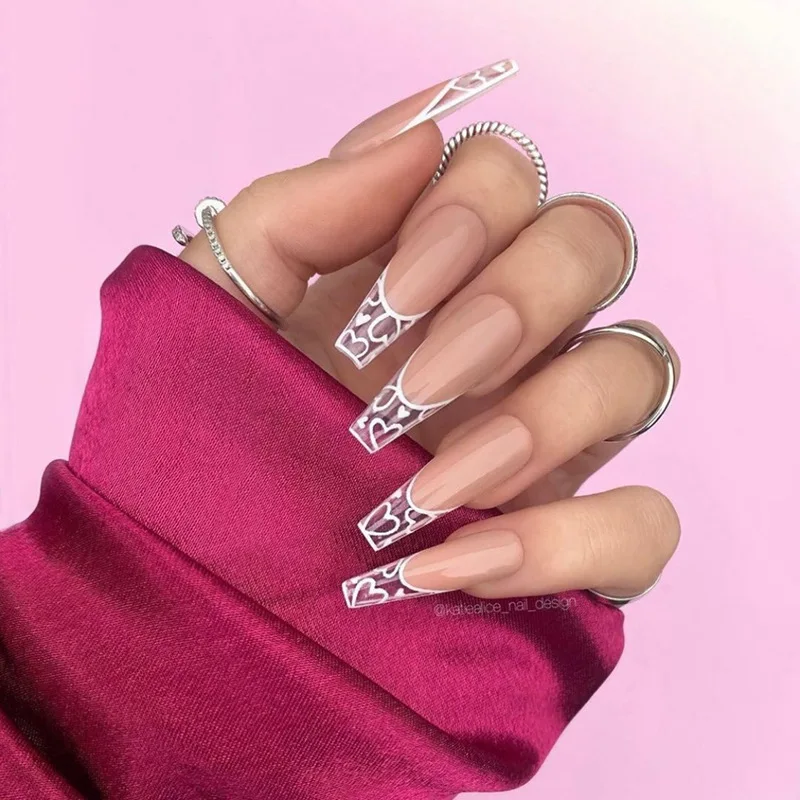 Lines White Love Heart French Wearable Nail Art Nude Long Ballet Press On Nails Detachable Finished False Nails With Glue