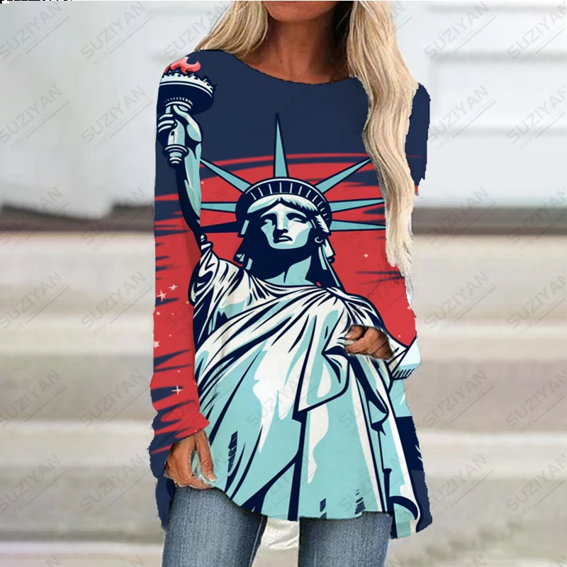 2023 Illustration Style Liberty Goddess Printed Pattern Dress Nuovo Vestito A Maniche Lunghe Da Donna Daily Casual Street Dress