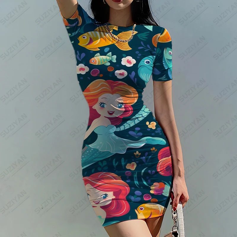 Abito Da Stampa 3D Moda Sirena Abito Classico Girocollo Abito Estivo Confortevole A Maniche Corte Abito Casual Urbano