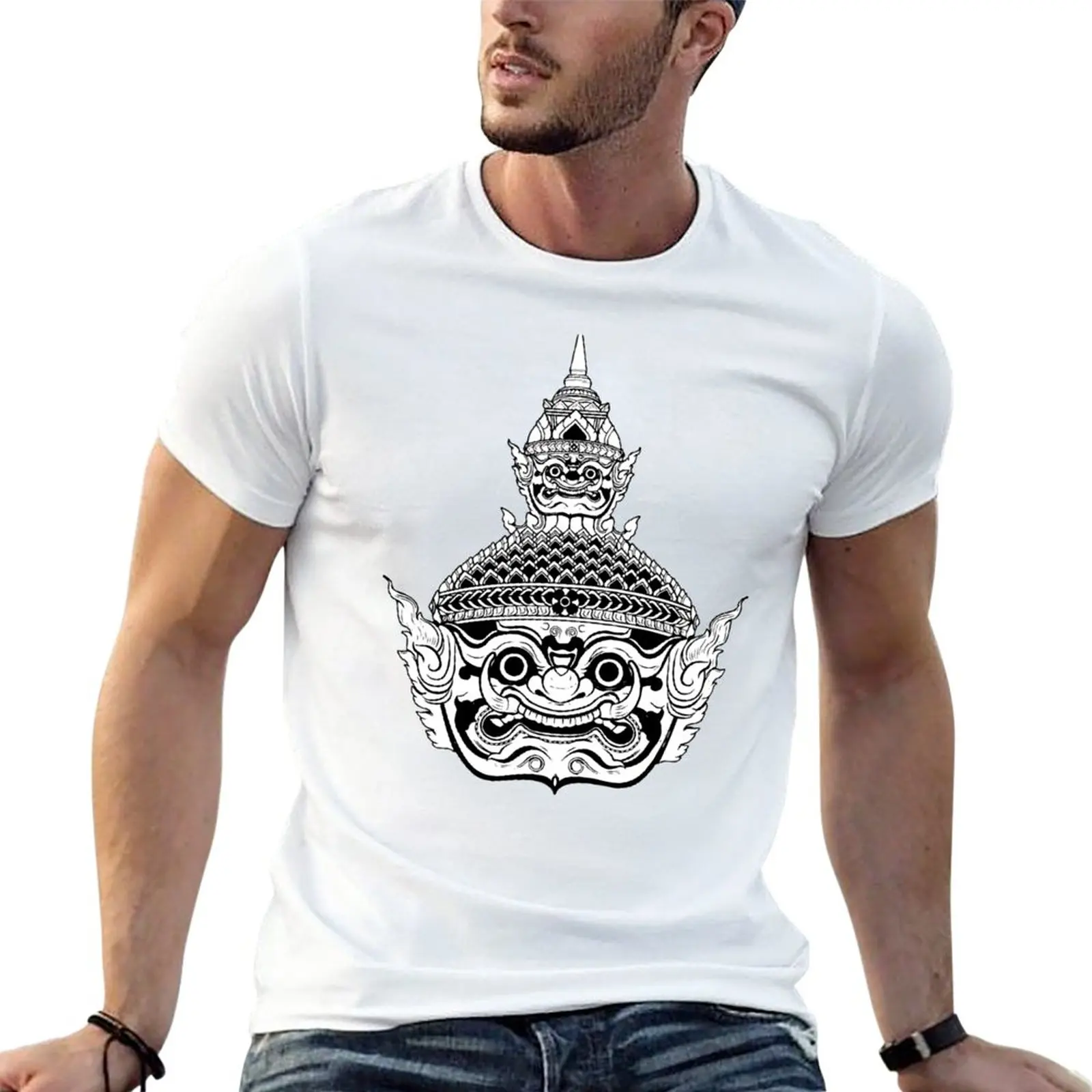 New Khon Thai Ramayana Giant Mask T-Shirt Maglietta Nera Maglietta Con Stampa Animalier Per Ragazzi T-Shirt Nere Per Uomo
