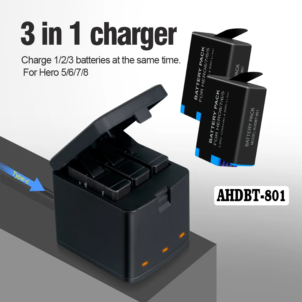 Cityork 1250Mah Camera Battery 801 For Gopro Hero 8 Hero 7 Hero 6 Hero 5 Batteries Ahdbt 801 Li-Ion Batteria Camera Accessories