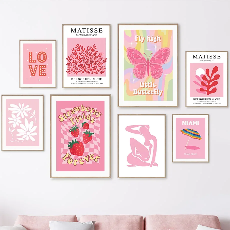 Pink Coral Strawberry Butterfly Love Quotes Girl Silhouette Nordic Poster Stampe Astratte Wall Art Pictures Living Room Decor