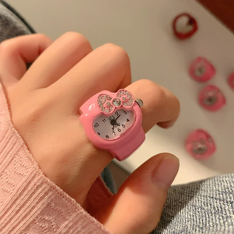 Sanrio Hello Kitty Toy Watch Ring Cute Kawaii Ribbon Strass Bell Ring Watch Girl Jewelry Regalo Per Bambini