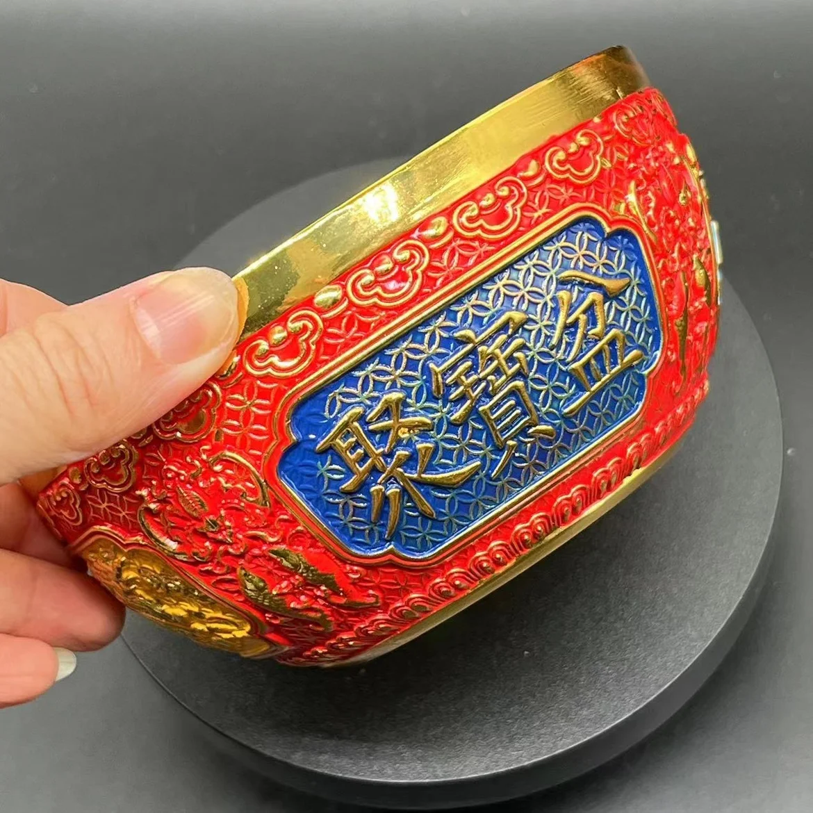 Qilin Eight-Treasure Painted Cornucopia Filigrana Smalto Dorato Cornucopia Bowl Year Home