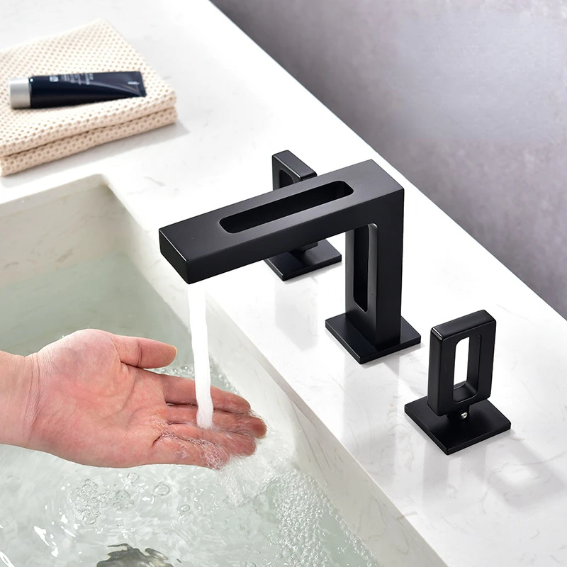Full Copper Square Rose Gold/Black Hot And Cold Split Rubinetto A Tre Fori Lavabo Da Bagno Con Design A Maniglia Cava
