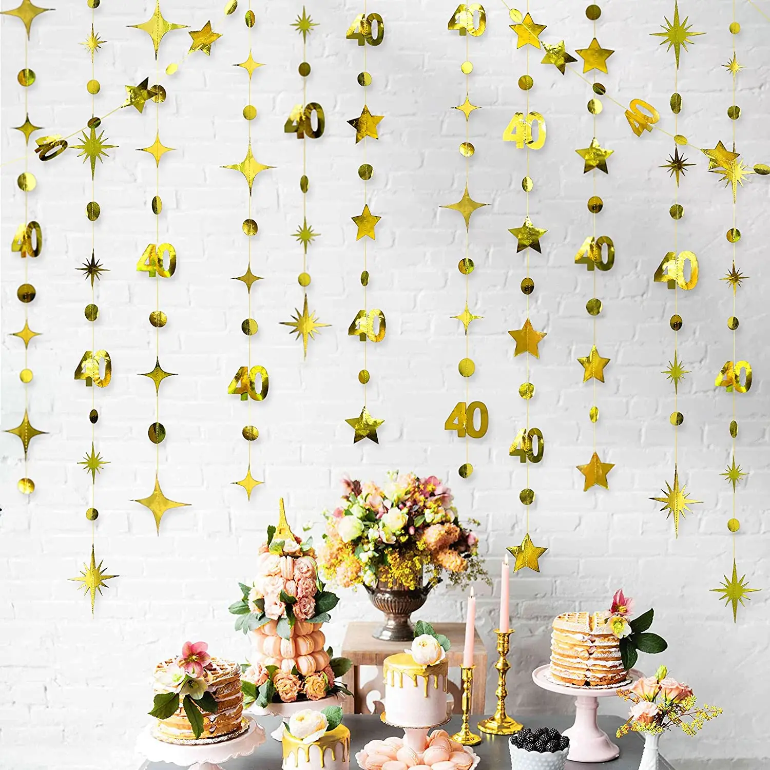 Oro 40 ° Buon Compleanno Banner Decorazioni Numero 40 Cerchio Dot Scintillio Stella Ghirlanda Carta Metallica Appesi Fondali Streamer