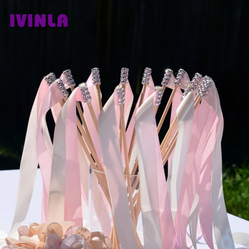 Più Nuovo 50 Pz/Lotto Strass Rosa & Light Rosa Stain Ribbon Wedding Bastone Bacchette Senza Campane Per La Festa Nuziale