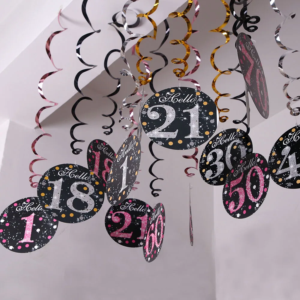6 Pz/Pacco Spirale 1 ° Compleanno Buon Compleanno Swirl 18 21 30 40 50 60 70 Anni Decorazioni Per Feste Di Compleanno Decorazioni Di Compleanno