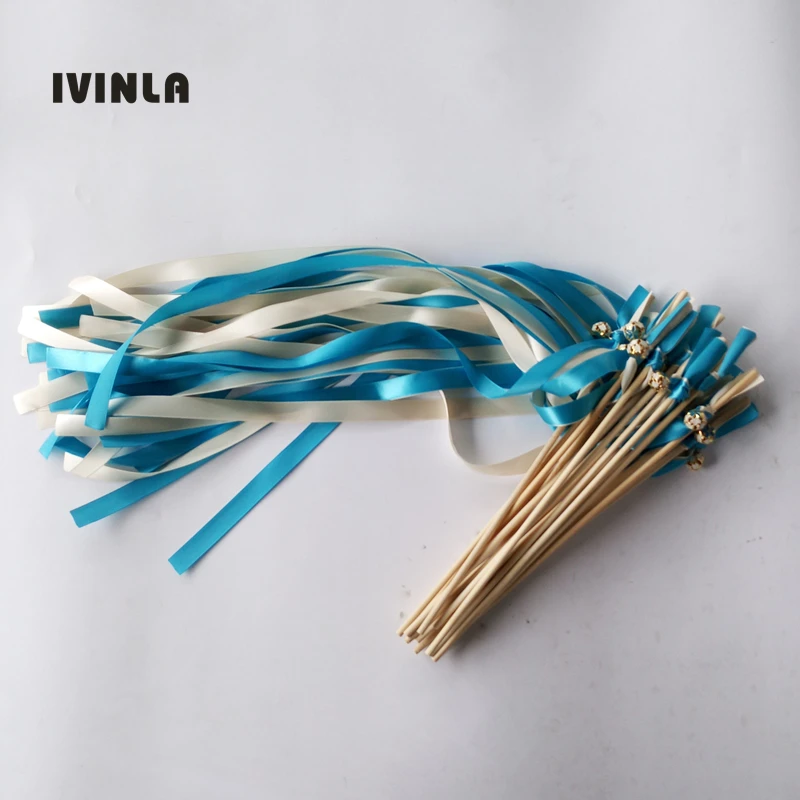 Più Nuovo 50 Pz/Lotto Blu Wedding Bacchetta Nastro Sparklers Fata Bacchette Con Colorfull Campana Per La Cerimonia Nuziale