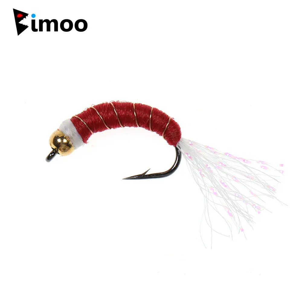 Bimoo 6Pcs 8 # White Tail Fast Sinking Beadhead Ninfa Fly Red Worm Spinato Fly Per Shad Fishing Trota Esche Da Pesca Esche