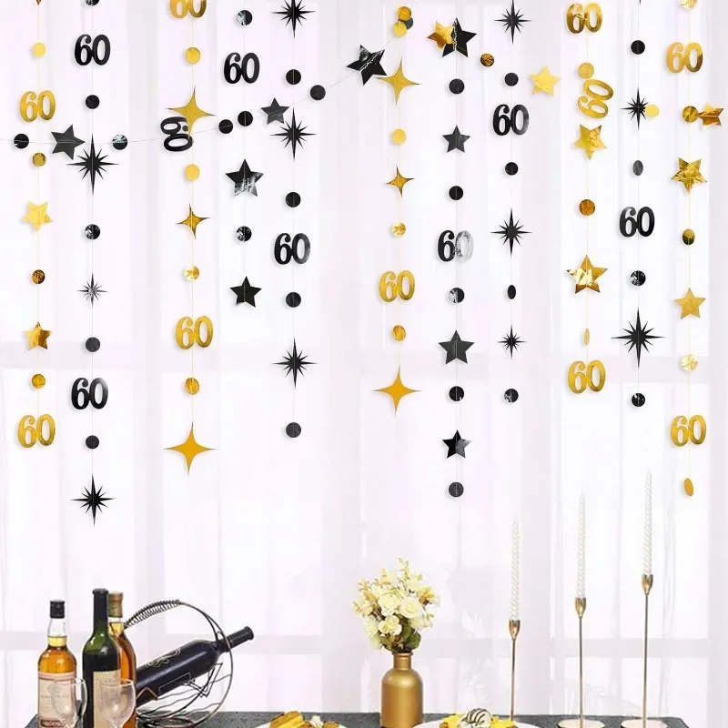 4 Pezzi Oro Nero 60Th Birthday Decorations 60 Circle Dot Twinkle Star Garland Streamer Per 60 Anniversary Birthday Party Supplies