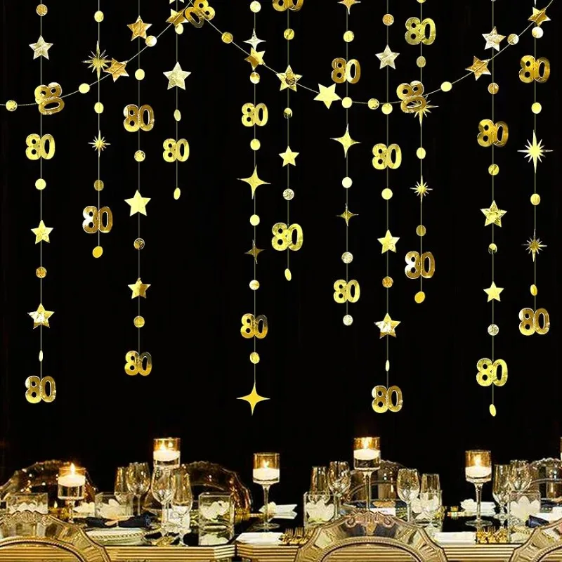 Oro 80Th Decorazioni Di Compleanno Numero 80 Circle Dot Star Garland Metallic Hanging Streamer Per 80Th Anniversary Party Supplies