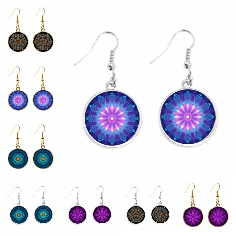 Punk Style Fashion 20Mm Glass Cabochon Ear Hook Earrings Mandala Pattern Hanging Badge Girls Earrings Gift Jewelry