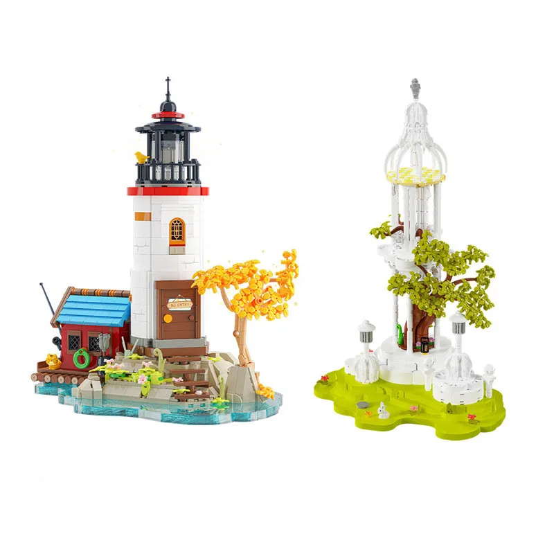 World Architecture Coast Wharf Lighthouse Tower Cabin House Tree Led Light Mini Blocks Bricks Building Toy