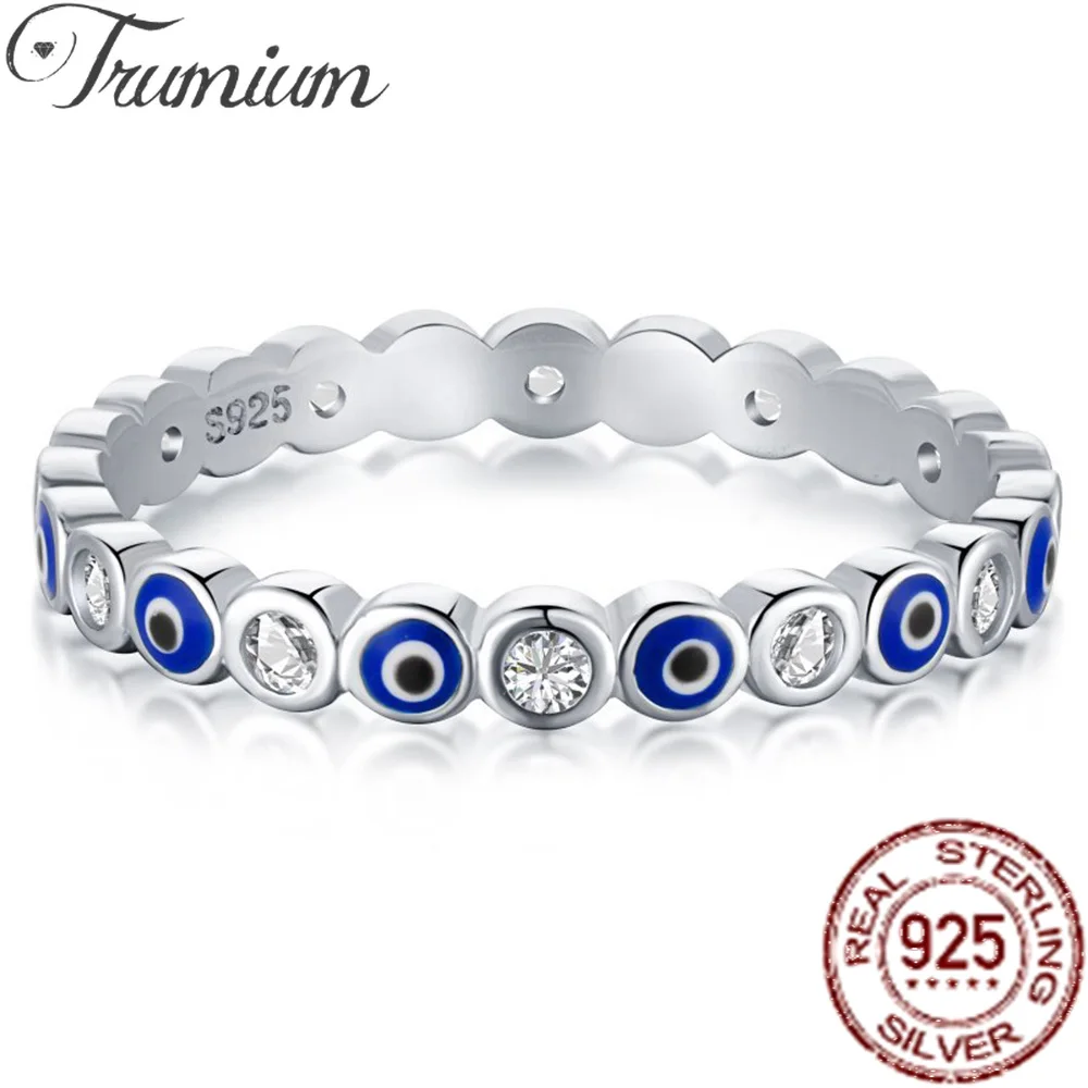 Trumium Solid S925 Sterling Silver Blue Enamel Sapphire Eye Ring Wedding Eternity Rings For Women Lucky Fine Jewelry Party Gifts