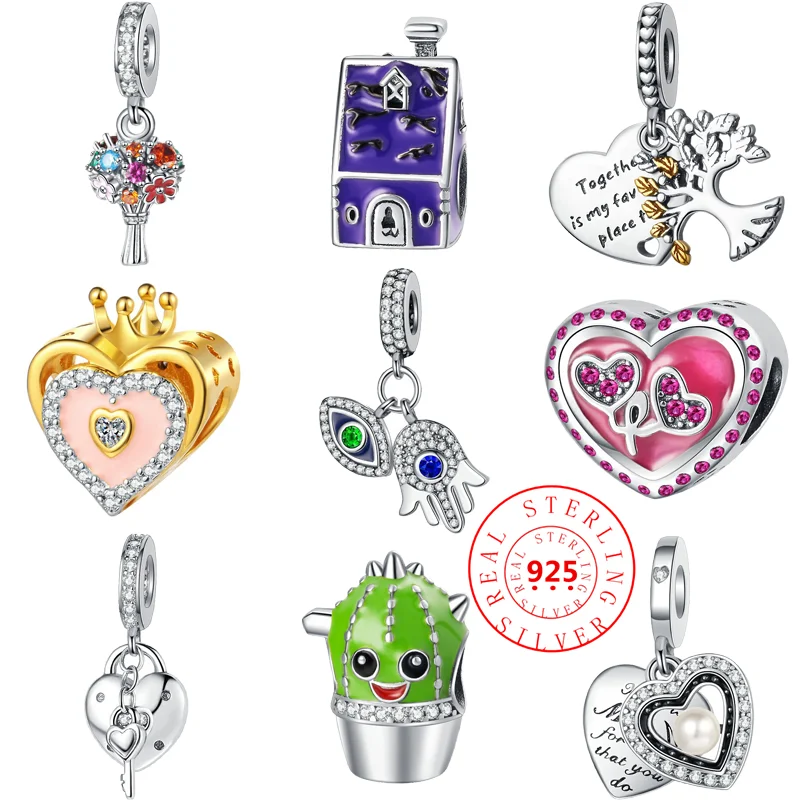 925 Sterling Silver Lock Key Tree Flower Heart Crown House Demon Eye Charm Beads Fit Original Pandora Charm Bracciale Gioielli Fai Da Te