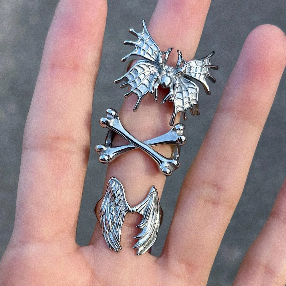 Personality Cross Skull Angel Wings Ring For Men Women'S Goth Punk Finger Spider Butterfly Ring Hip Hop Jewelry Accessories
