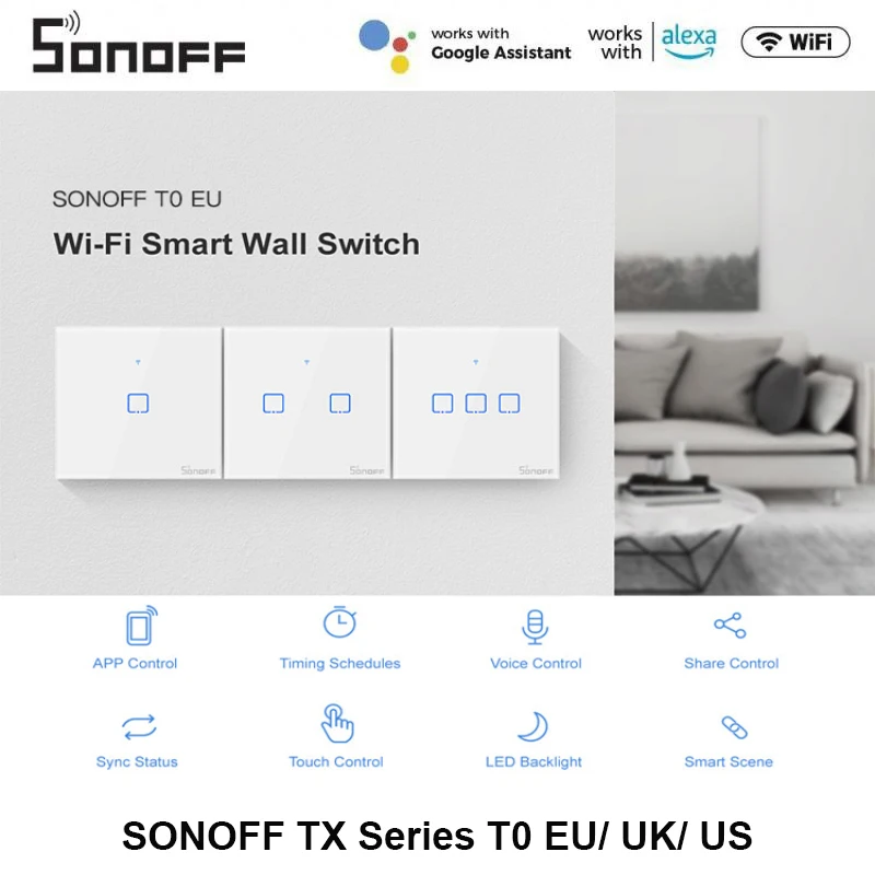Sonoff Tx Series T0 Eu/ Uk/ Us Smart Home Switch Wifi Touch Switch Wall Light Switch Wireless App Telecomando Vocale
