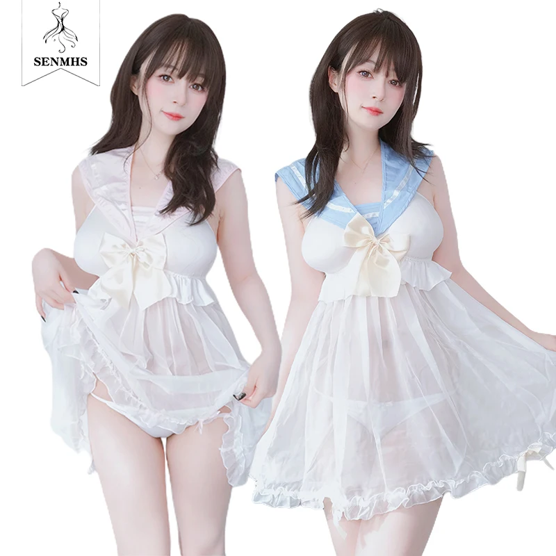 Senmhs Japanese Lolita Anime Girls Sweet Maid Cosplay Blue Chiffon Prospettiva Pigiama Sexy Homewear Dress Sexy Lingerie Set