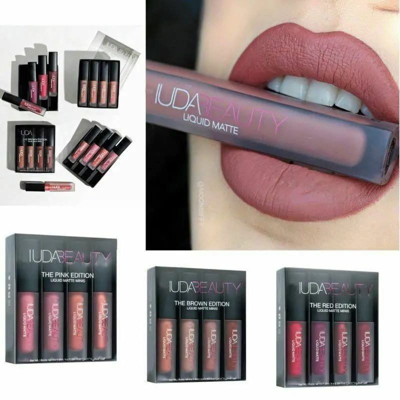4Pcs Matte Lip Gloss Kit Huda 3G Beauty Waterproof Lip Glaze Tint Rossetto Antiaderente Non Sbiadito Trucco Labbra Cosmetico Cura Delle Labbra