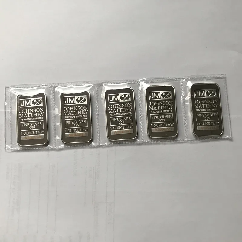 5 Pz Non Magnetico Johnson Mathe 1 Oz Jm Placcato Argento Vuoto Sigillato Souvenir Coin Bar Con Diverso Numero Di Serie Laser