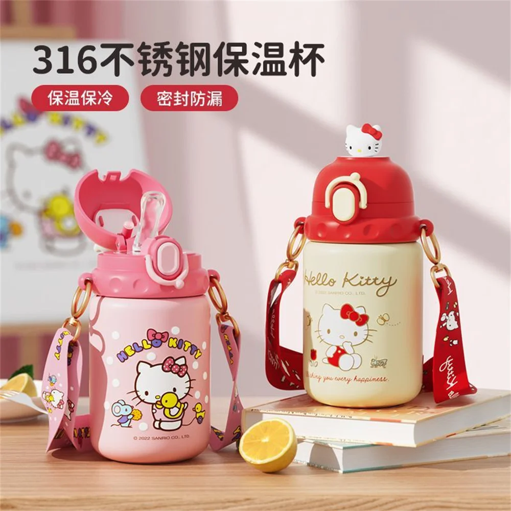 450Ml Kawaii Sanrio Hellobykitty Anime Kids Safty Straw Strap Water Cup Food Grade 316 Thermos Cup In Acciaio Inossidabile Grilfriend Gift