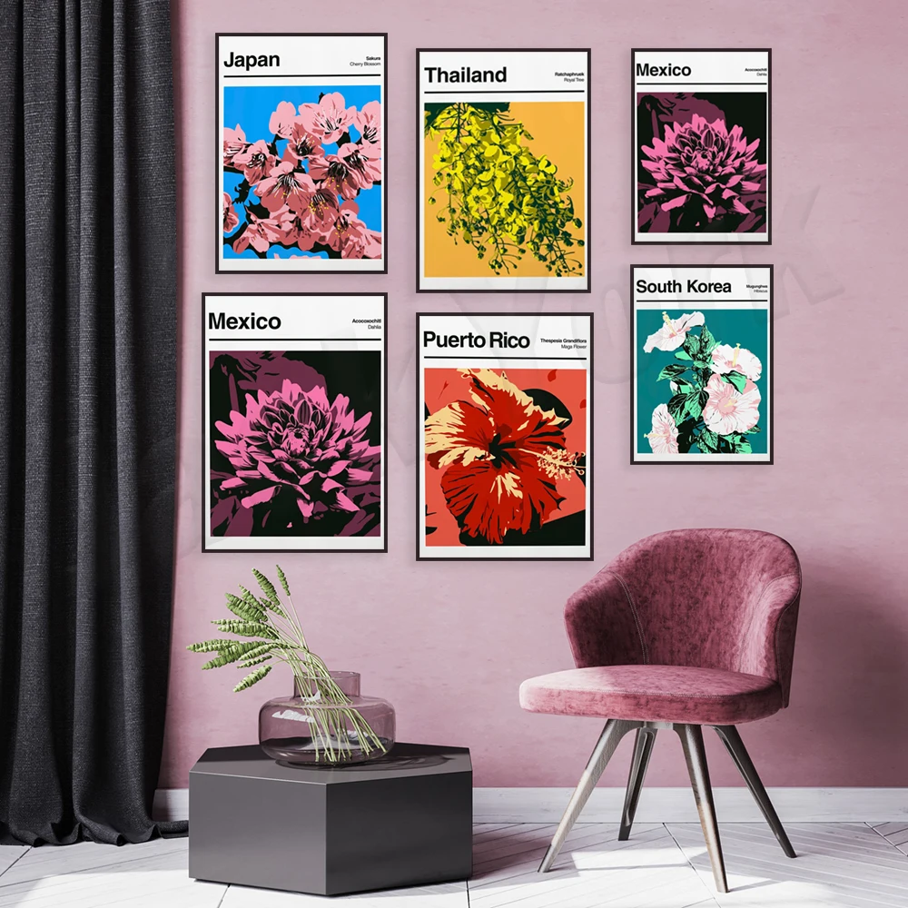 Poster Floreale Botanico, Fiori Di Prugna, Fiori Di Ciliegio, Fiori Di Papavero, Giglio Bianco, Fiori Di Mais, Lavanda, Arte Del Mercato Dei Fiori Urb
