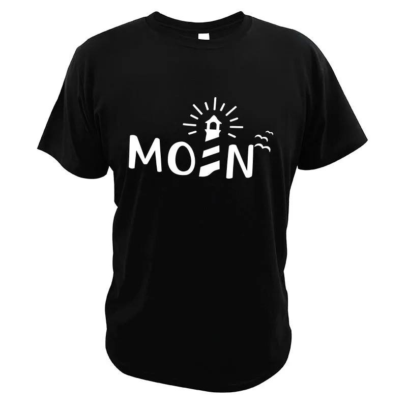 Moin Mit Leuchtturm T-Shirt Slogan Da Uomo Dicendo Costa Statement Manica Corta Girocollo Morbido 100% Cotone Estate Top Taglia Ue