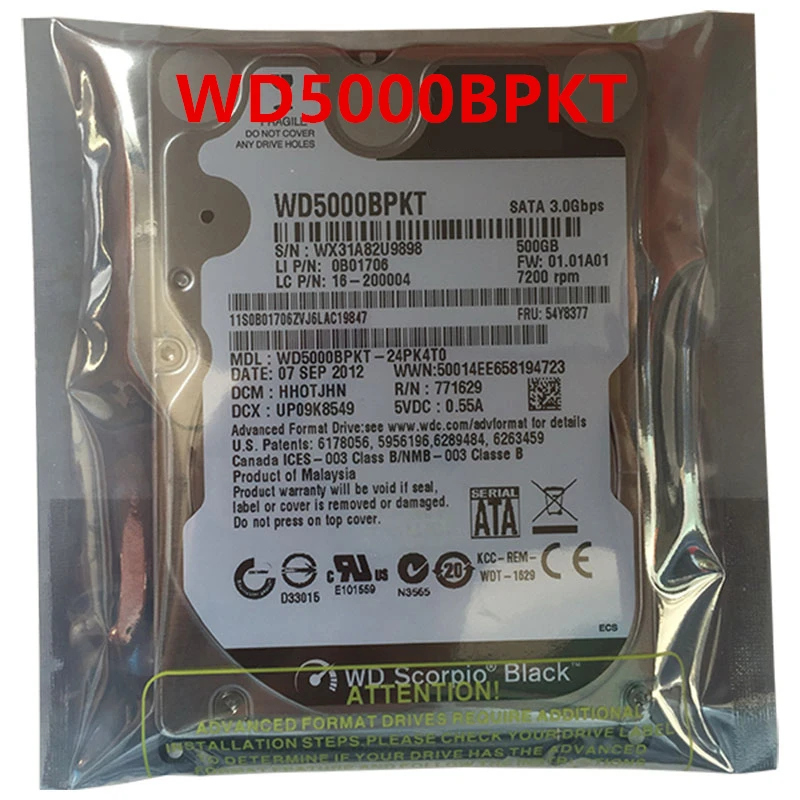 Nuovo Hdd Originale Per Wd 500Gb 2.5 "Sata 3 Gb/S 16Mb 7200Rpm 9.5Mm Per Disco Rigido Interno Per Notebook Hdd Per Wd5000Bpkt