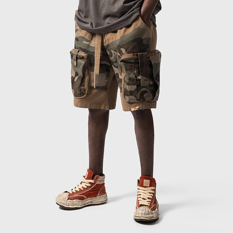 Summer Street Multi Pocket Camouflage Patchwork Mens Camo Shorts Pantaloni Retro High Street Maschio Gamba Larga Cinque Punti Cargo Pants