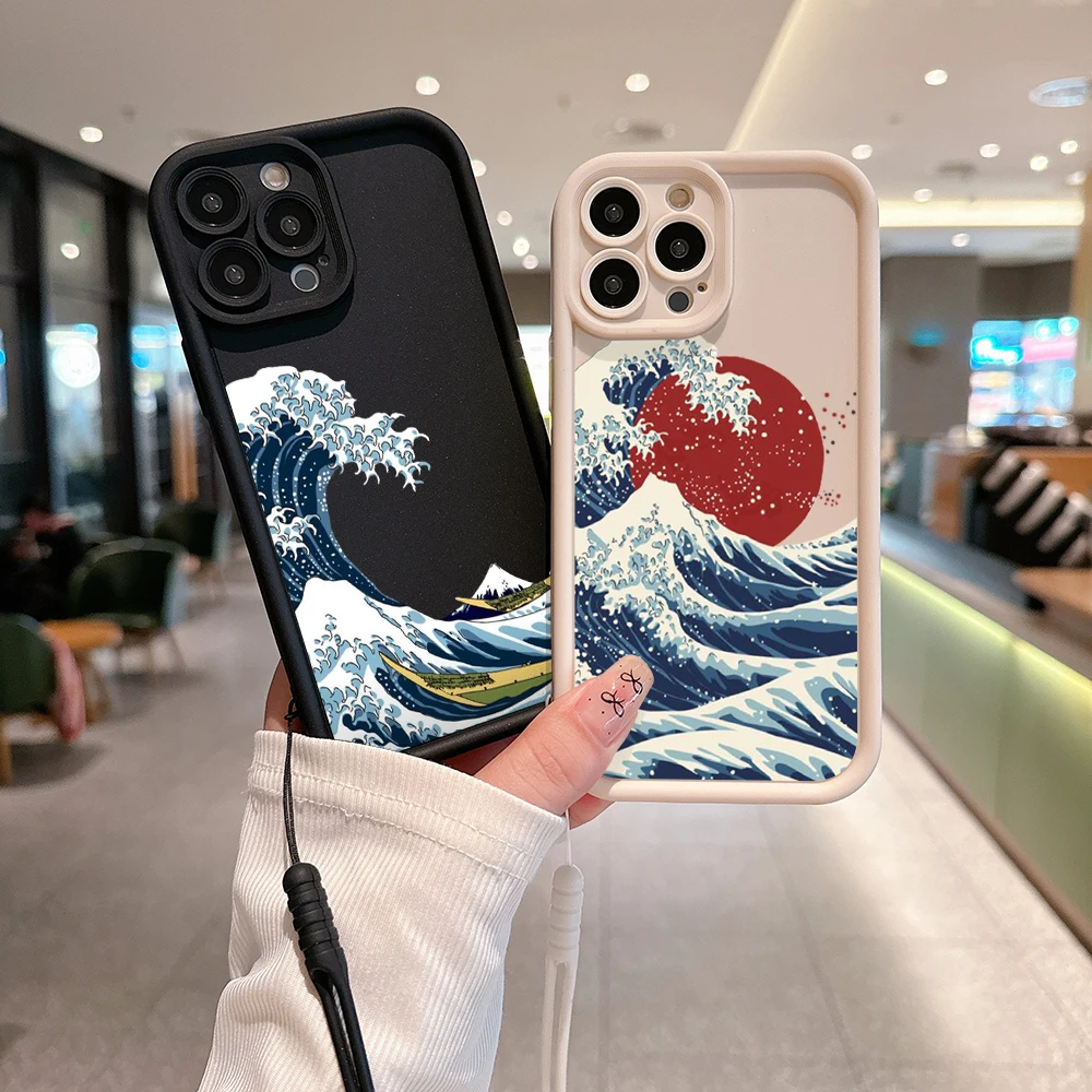 Fashion Red Sun Sea Waves Ins Custodia Per Telefono Per Iphone 15 14 13 12 11 Pro Max Xr Xs X 7 8 Plus Cover Posteriore Morbida In Tpu Con Cinturino A