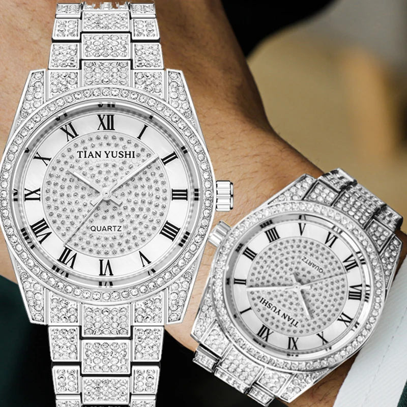 Dropshipping Iced Out Watch Men Hip Hop Luxury Quartz Watch For Men Full Bling Diamond Aaa Cz Clock Day Date Waterproof Relogio
