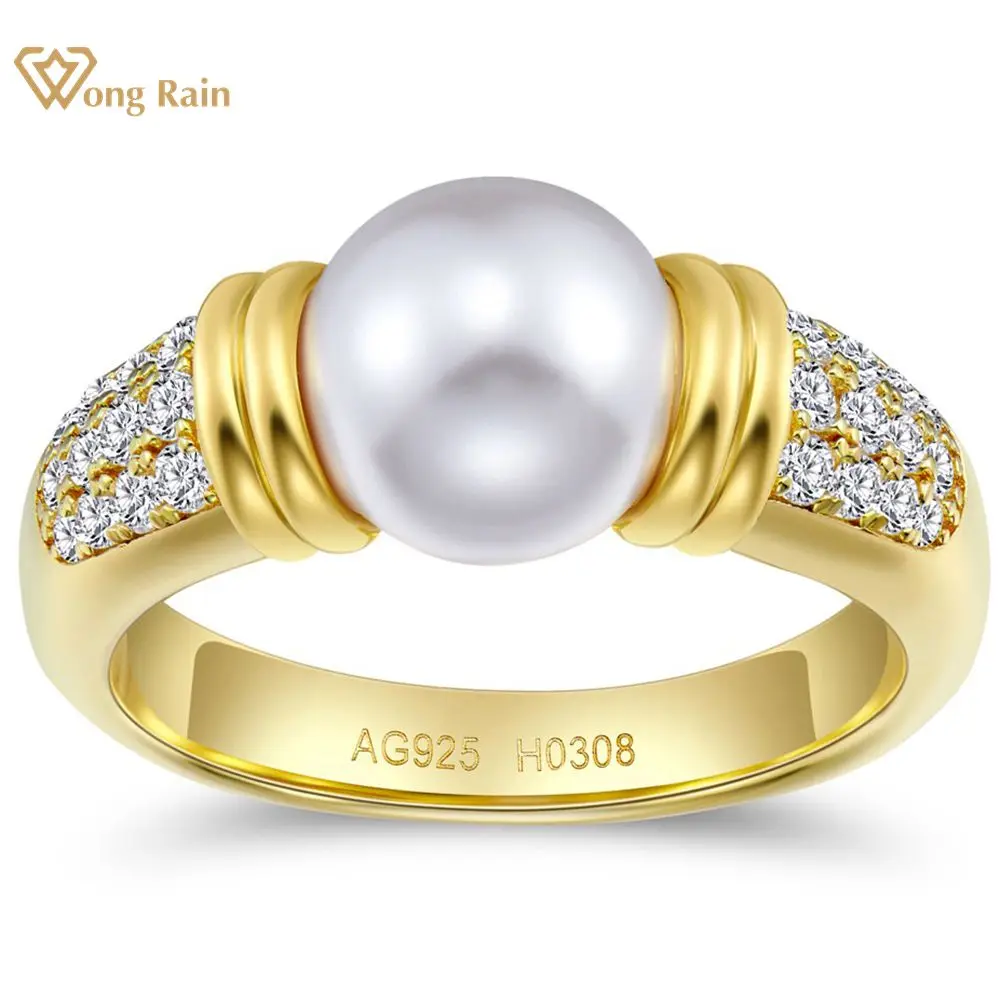 Wong Rain Vintage 18K Placcato Oro 925 Sterling Silver Pearl High Carbon Diamond Gemstone Fine Women Ring Jewelry Regali Di Nozze