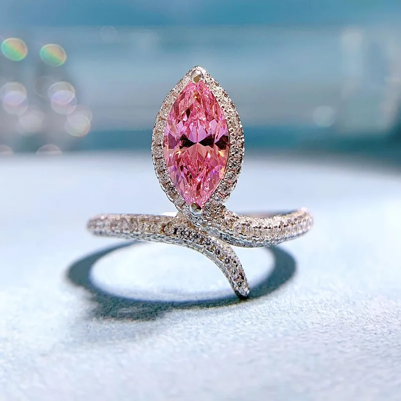 Spring Qiaoer 18K Placcato Oro 925 Sterling Silver 5*10Mm Marquise Cut Pink High Carbon Diamond Gemstone Jewelry Ring Per Le Donne