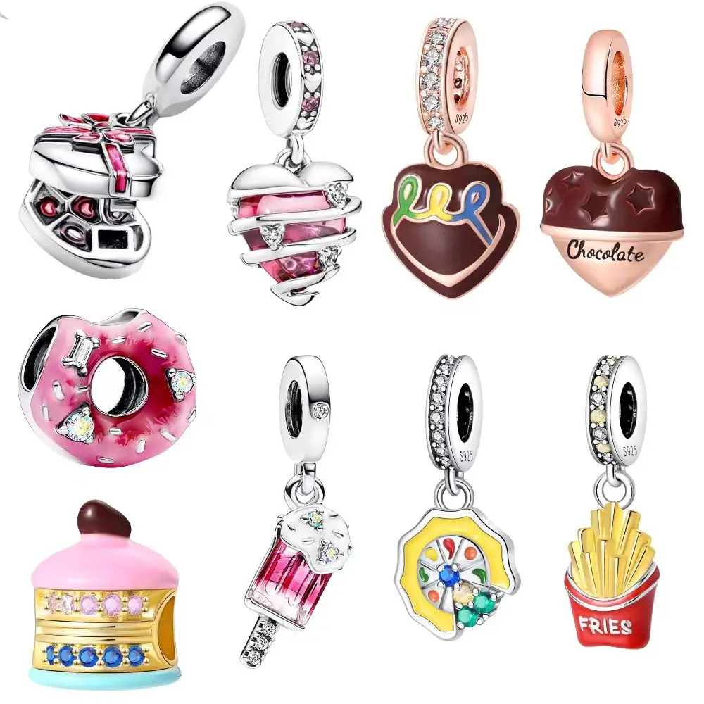 Cute S925 Sterling Silver Barbie Pink Donut Ice Cream Strawberry Charm Fit Pandora Bracciale Accessorio Per Feste Di Cibo Da Donna