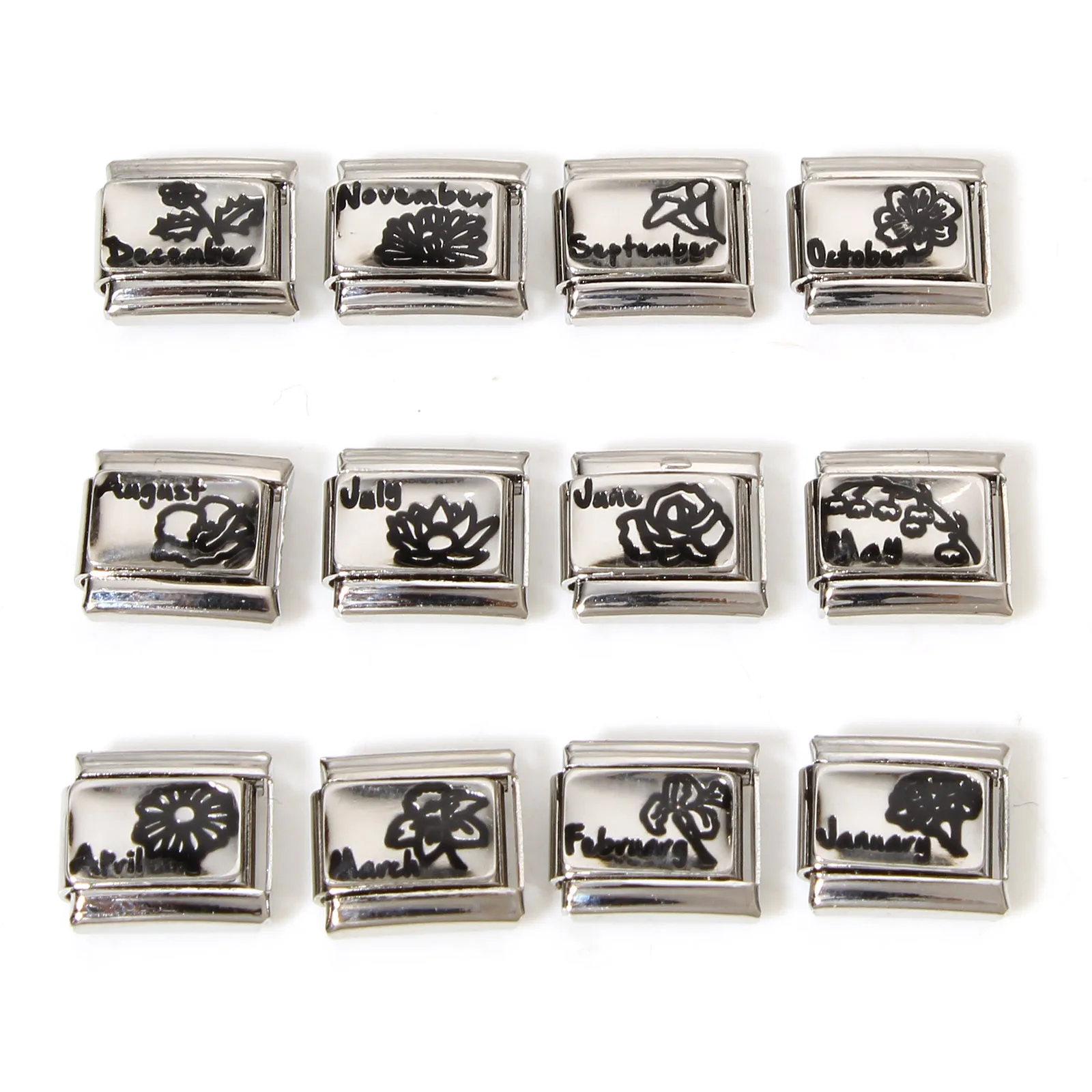 1Pc Rettangolo Italiano Charm Links Acciaio Inossidabile Nascita Mese Fiore Italiano Charm Links Per Braccialetto Fai Da Te Creazione Di Gioielli 10X9