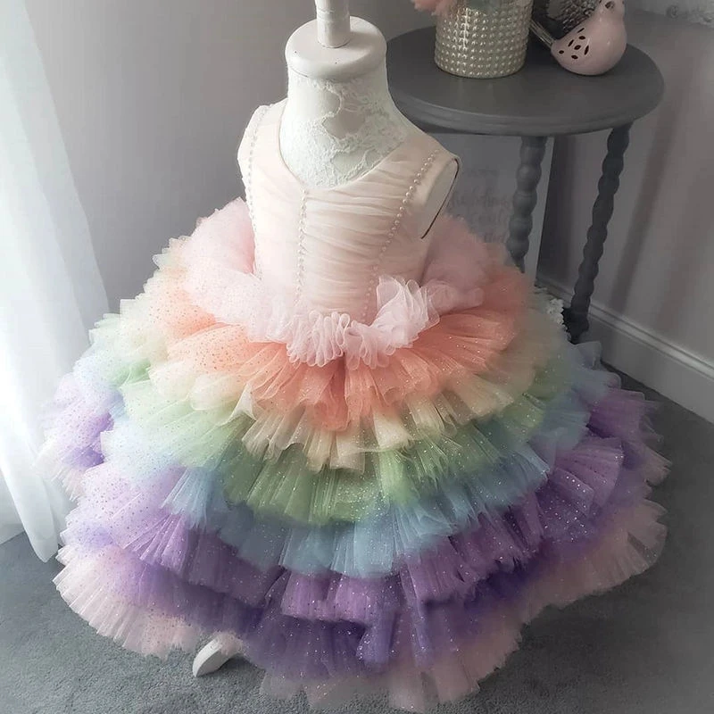 Girl Party Dress 2024 Summer Rainbow Paillettes Ball Gown Abito Da Sera Carnival Ball Bambini Princess Wedding Kids Dresses