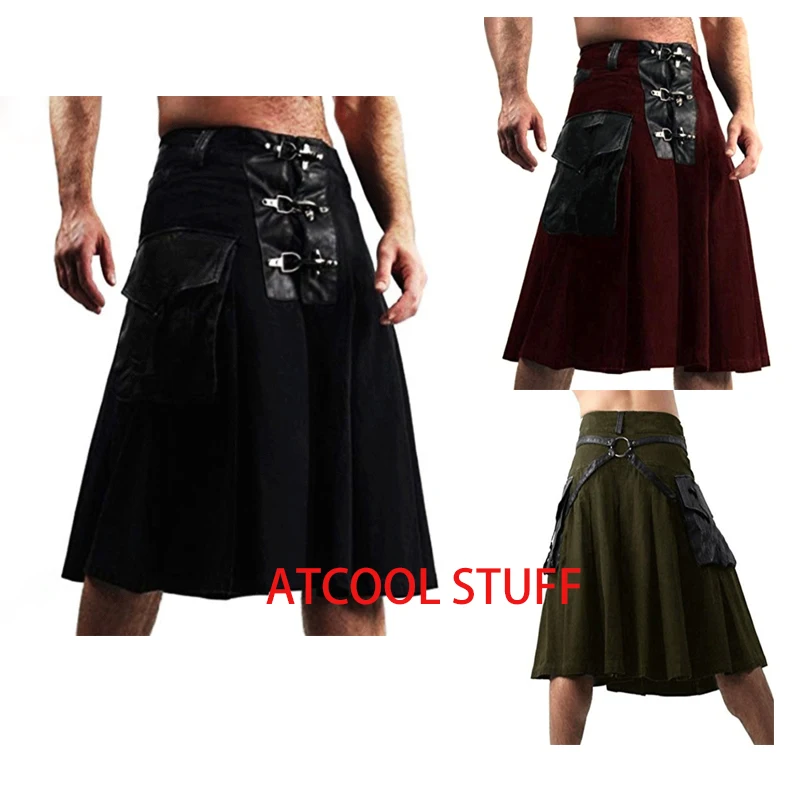 Uomo Europeo Tradizionale Scozzese Scrito Cavaliere Medievale Cosplay Kilt Romano Pieghettato Aperto Gonne Cargo Hunter Larp Tartan