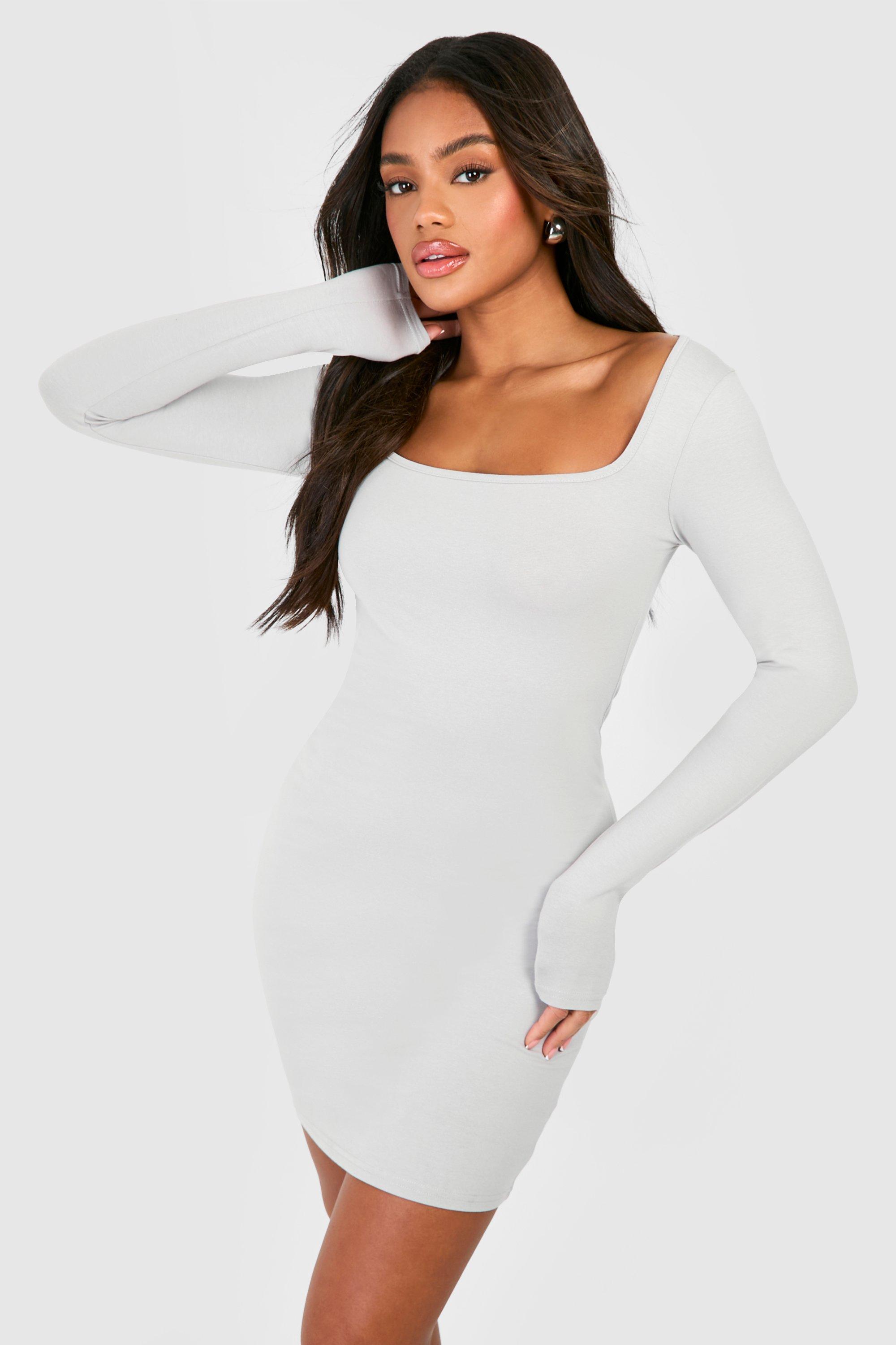 Square Neck Long Sleeve Bodycon Dress, Grigio