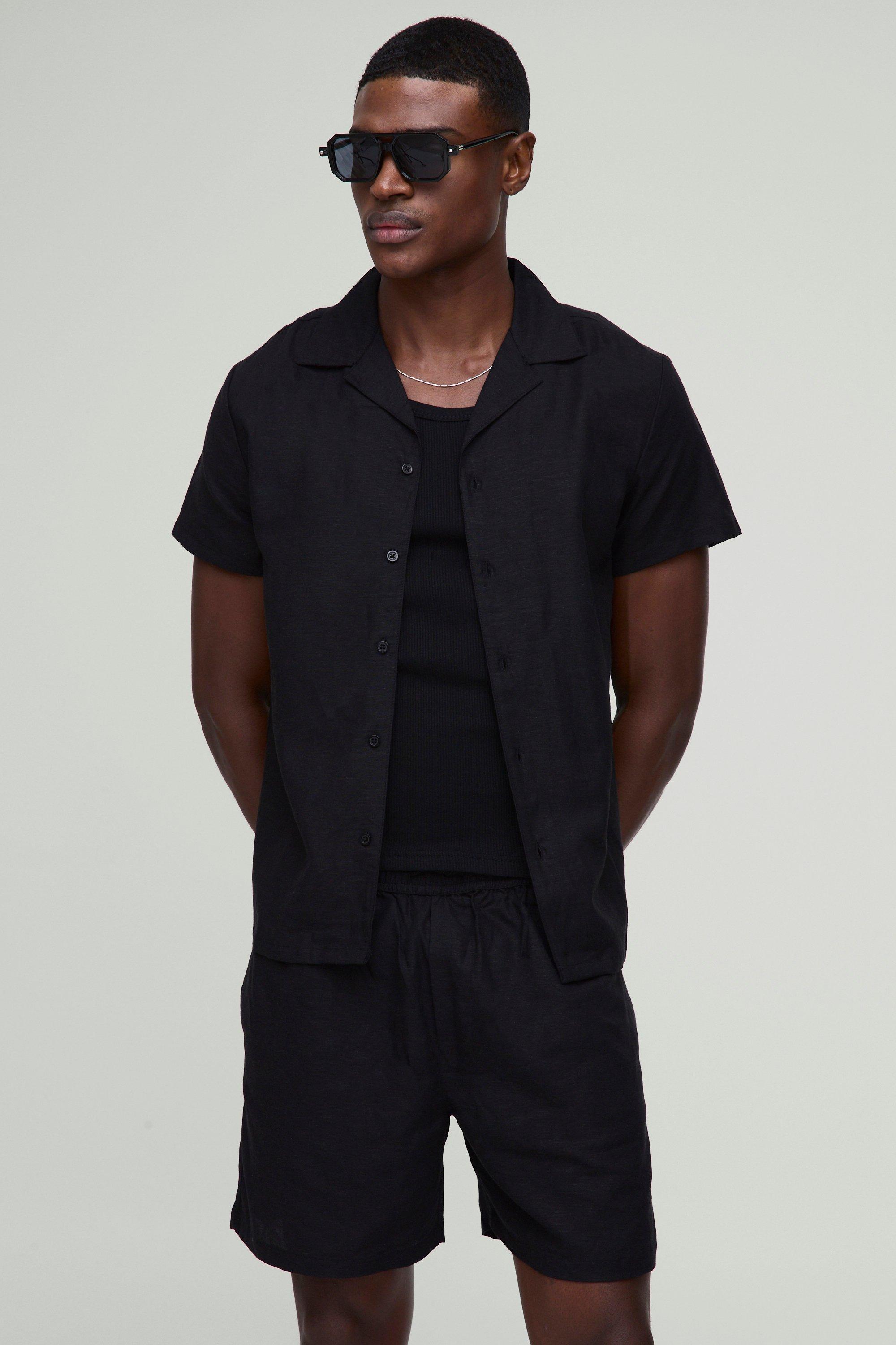 Short Sleeve Linen Shirt & Short, Nero