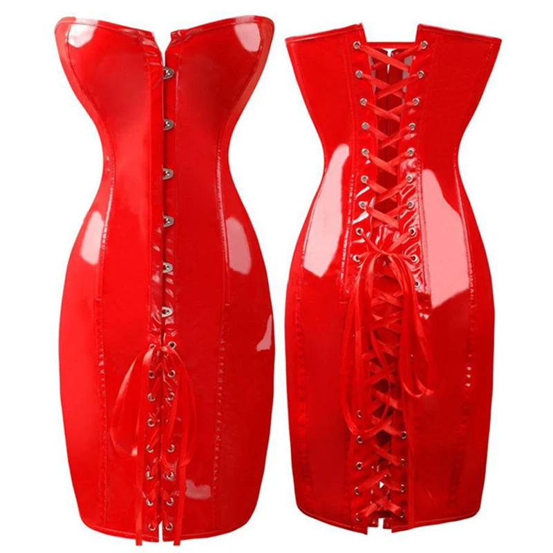 Corsetto In Pelle Con Torso Lungo Nero/Rosso Abito Corsetto Gotico Sexy In Pelle Pvc Disossato A Forma Di Bustier Corpo Sottile Bustier Vita Cincher