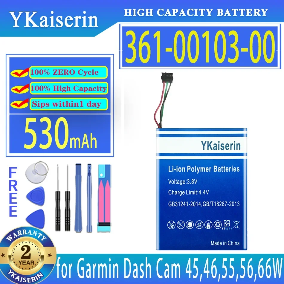 Ykaiserin Batteria 361-00103-00 530Mah Per Garmin Dash Cam 45 46 55 56 66W Registratore Di Guida